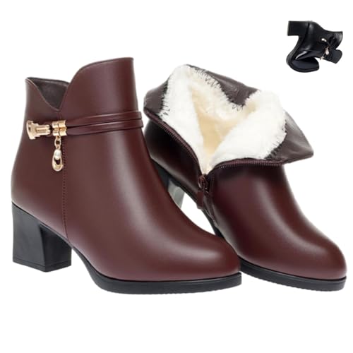 Damen Leder Chunky Heels Stiefeletten Funkelnde Strass Lederstiefel Warm Voll Fell Gefüttert Seitlicher Reißverschluss High Heels Schneestiefel, Braun B, 45 EU von HESYSUAN