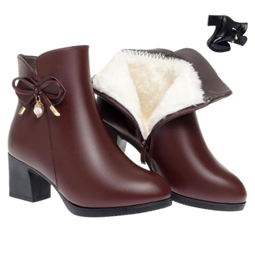 Damen Leder Chunky Heels Stiefeletten Funkelnde Strass Lederstiefel Warm Voll Fell Gefüttert Seitlicher Reißverschluss High Heels Schneestiefel, Braun a, 45 EU von HESYSUAN