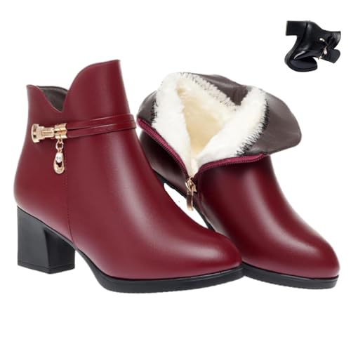 Damen Leder Chunky Heels Stiefeletten Funkelnde Strass Lederstiefel Warm Voll Fell Gefüttert Seitlicher Reißverschluss High Heels Schneestiefel, Rot B, 45 EU von HESYSUAN