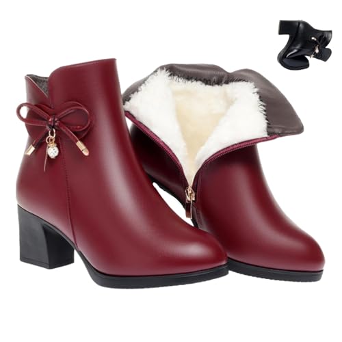 Damen Leder Chunky Heels Stiefeletten Funkelnde Strass Lederstiefel Warm Voll Fell Gefüttert Seitlicher Reißverschluss High Heels Schneestiefel, Rot a, 45 EU von HESYSUAN