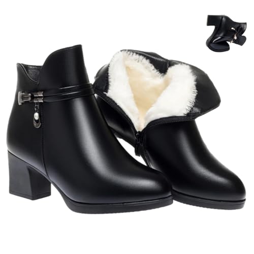 Damen Leder Chunky Heels Stiefeletten Funkelnde Strass Lederstiefel Warm Voll Fell Gefüttert Seitlicher Reißverschluss High Heels Schneestiefel, Schwarz (B), 45 EU von HESYSUAN