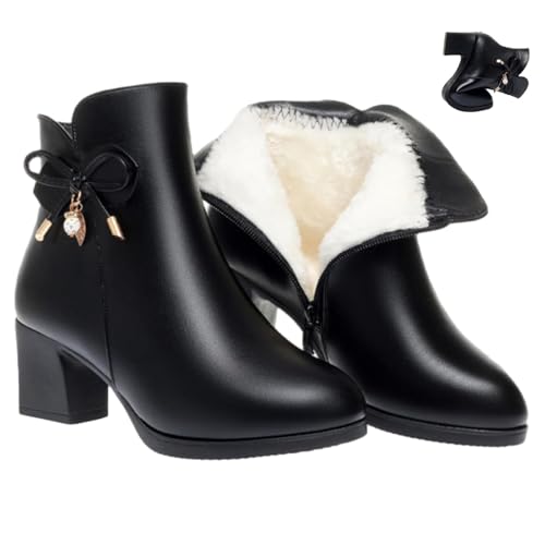 Damen Leder Chunky Heels Stiefeletten Funkelnde Strass Lederstiefel Warm Voll Fell Gefüttert Seitlicher Reißverschluss High Heels Schneestiefel, Schwarz A, 45 EU von HESYSUAN
