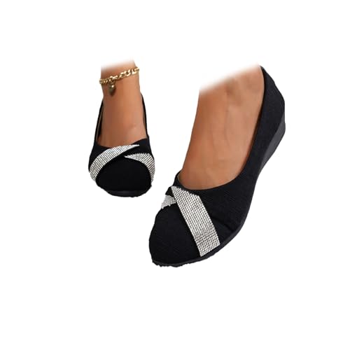 Damen Leichte Mode Strass Keilschuhe Glitzer Orthopädische Slip-On Ballerinas Bequeme Runde Zehen Niedriger Absatz Pumps für Hochzeit Braut, Schwarz , 46 EU von HESYSUAN