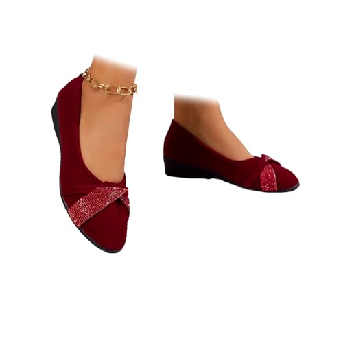 Damen Leichte Mode Strass Keilschuhe Glitzer Orthopädische Slip-On Ballerinas Bequeme Runde Zehen Niedriger Absatz Pumps für Hochzeit Braut, weinrot, 46 EU von HESYSUAN