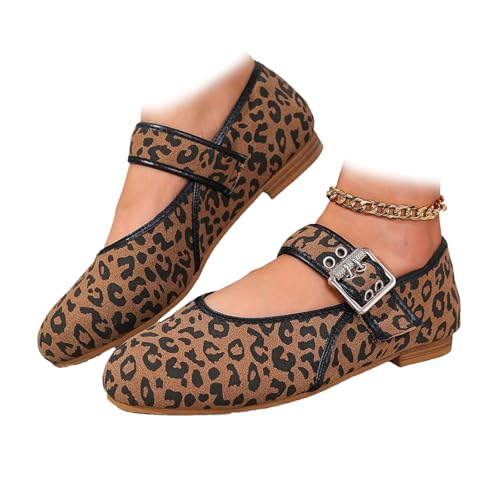 Damen Leopard Print Mary Jane Schuhe Retro Leopard Ballerinas Schnalle Riemen Mary Jane Flats Ballerina Schuhe Runde Zehen Ballett Flache Schuhe, braun, 44 EU von HESYSUAN