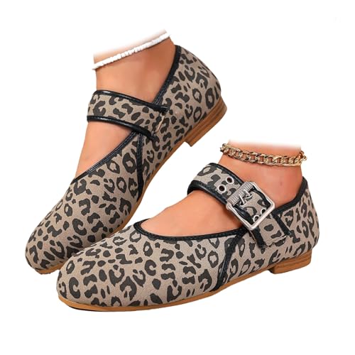 Damen Leopard Print Mary Jane Schuhe Retro Leopard Ballerinas Schnalle Riemen Mary Jane Flats Ballerina Schuhe Runde Zehen Ballett Flache Schuhe, grau, 44 EU von HESYSUAN