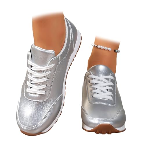 Damen Metallic Schnürschuhe Casual Sneakers Bequeme Weite Passform Runde Zehen Leder Turnschuhe Stützende Schnürschuhe Plateau Walking Schuhe, silber, 46 EU Damen Metallic Schnürschuhe Casual Sneakers Bequeme Weite Passform Runde Zehen Leder Turnschuhe Stützende Schnürschuhe Plateau Walking Schuhe, silber, 46 EU von HESYSUAN