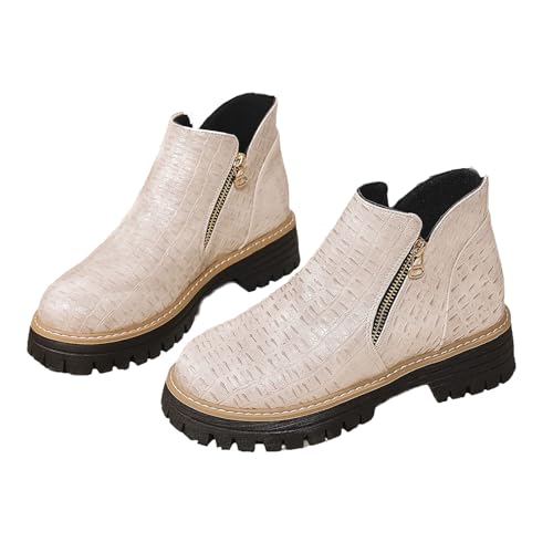 Damen Runde Zehen Stiefeletten mit seitlichem Reißverschluss, Krokodilleder Chunky Heel Chelsea Boots Orthopädische rutschfeste Ankle Boot Walking Schuhe, beige, 45 EU von HESYSUAN