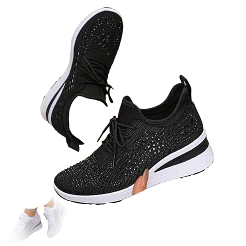 Damen-Sneaker mit glitzernden Strasssteinen, modisch, atmungsaktiv, Keilabsatz, glitzernd, Slip-on-Plateau-Sneaker, bequem, Kristall-Mesh-Tennisschuh, Schwarz , 36.5 EU von HESYSUAN