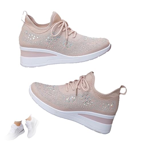 Damen-Sneaker mit glitzernden Strasssteinen, modisch, atmungsaktiv, Keilabsatz, glitzernd, Slip-on-Plateau-Sneaker, bequem, Kristall-Mesh-Tennisschuh, rose, 36 EU von HESYSUAN