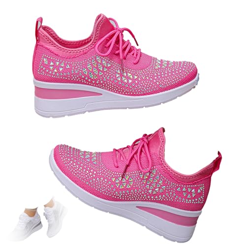 Damen-Sneaker mit glitzernden Strasssteinen, modisch, atmungsaktiv, Keilabsatz, glitzernd, Slip-on-Plateau-Sneaker, bequem, Kristall-Mesh-Tennisschuh, rose, 39 EU von HESYSUAN