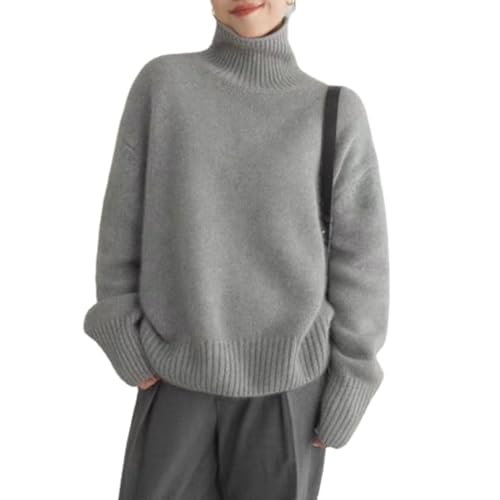 Damen Solid Rollkragen Kaschmir Strickpullover Winter Pullover Kaschmir Rollkragenpullover Casual Warm Elegant Rollkragenpullover, grau, L(52-57.5kg) von HESYSUAN