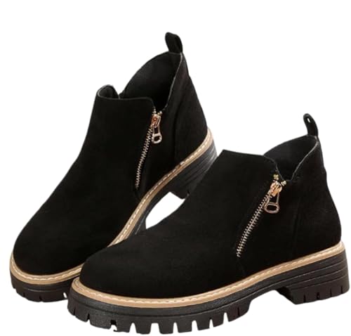 Damen Stiefeletten mit rundem Zehenbereich, seitlichem Reißverschluss, klobiger Absatz, Chelsea-Stiefel, bequem, lässig, Wildleder, Stiefelette, Schwarz , 44 EU von HESYSUAN