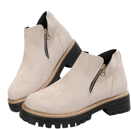 Damen Stiefeletten mit rundem Zehenbereich, seitlichem Reißverschluss, klobiger Absatz, Chelsea-Stiefel, bequem, lässig, Wildleder, Stiefelette, beige, 44 EU von HESYSUAN