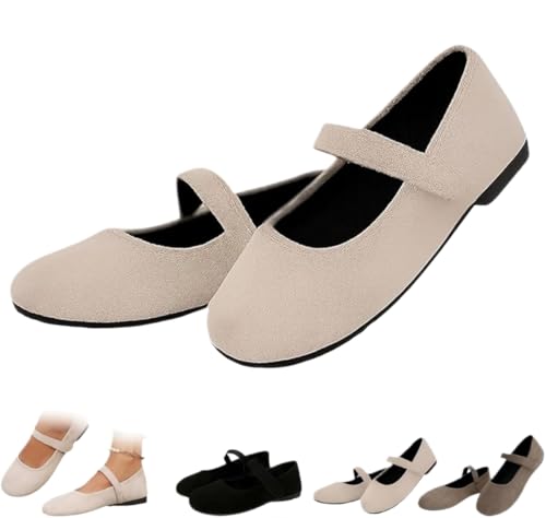 Dritnow Damen-Wildleder-Flats Mary Janes, breite Breite, bequem, runde Zehenpartie, Ballerinas mit Riemen, weiche Sohle, leicht, zum Reinschlüpfen, elegant, weiß, 44 EU von HESYSUAN