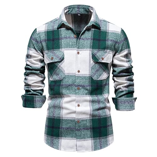 HESYSUAN 2023 Herbst Herren Langarm Karohemd, Baumwolle Flanellhemd Regular fit smart Casual Button down Hemd (Green,XL) von HESYSUAN