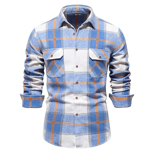 HESYSUAN 2023 Herbst Herren Langarm Karohemd, Baumwolle Flanellhemd Regular fit smart Casual Button down Hemd (Light Blue,L) von HESYSUAN