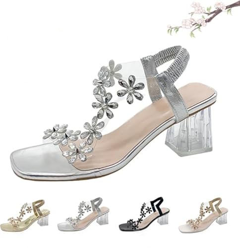 HESYSUAN Damen Blumen Strass Blockabsatz Sandalen Klar Blockabsatz für Frauen Orthopädische Blume Strass Heels Silber Kleid Schuhe, silber, 43 EU von HESYSUAN