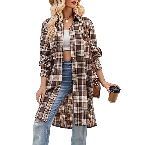 HESYSUAN Damen Casual Revers Langes Plaid Hemd, Lose Oversize Button Down Langarm Jacke Hemd Lose Kariertes Hemd Windbreaker Hemd, coffee, 48 von HESYSUAN