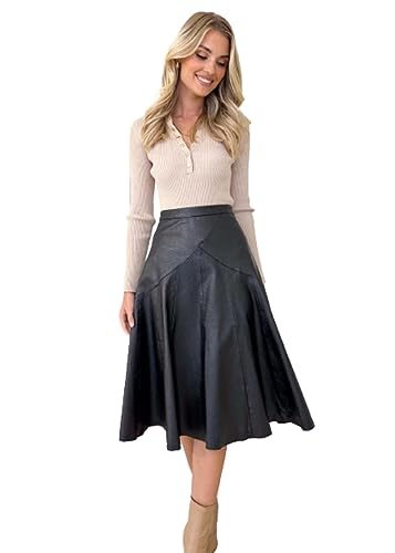 HESYSUAN Damen Faltenrock mit hoher Taille, A-Linie, Vintage-Kunstleder, A-Linie, elegant, knielang, Midi-Swing-Kleid, Schwarz , 48 von HESYSUAN