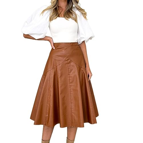 HESYSUAN Damen Faltenrock mit hoher Taille, A-Linie, Vintage-Kunstleder, A-Linie, elegant, knielang, Midi-Swing-Kleid, khaki, 36 von HESYSUAN