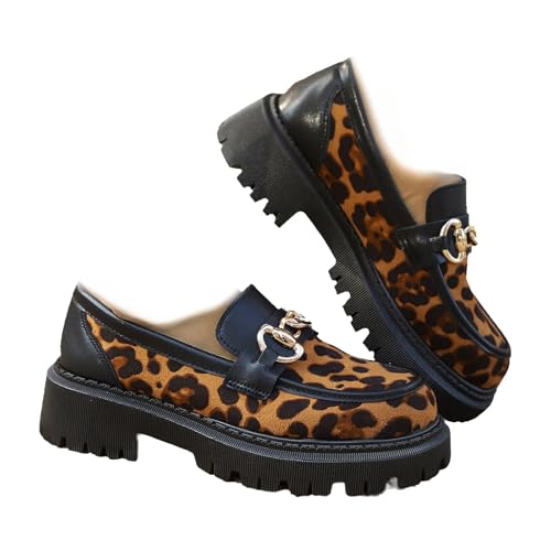 HESYSUAN Damen Leopardenmuster Wildleder Plateau Loafer Retro Komfort Runde Zehen Slip-on Mokassins Elegant Weite Passform Slip On Chunky Business Arbeitsschuhe, Schwarz , 46 EU von HESYSUAN