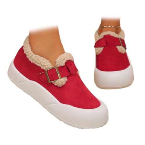 HESYSUAN Damen Warm Fleece Gefüttert Gemütliche Stiefel Kunstfell Bequeme Plüsch Stiefeletten Utdoor rutschfeste Slip-On Walking Winterstiefel, rot, 44 EU von HESYSUAN