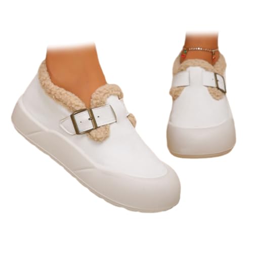 HESYSUAN Damen Warm Fleece Gefüttert Gemütliche Stiefel Kunstfell Bequeme Plüsch Stiefeletten Utdoor rutschfeste Slip-On Walking Winterstiefel, weiß, 44 EU von HESYSUAN