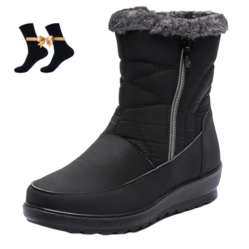 HESYSUAN Damen Warm Pelzfutter Winter Schneestiefel mit seitlichem Reißverschluss Leichte Gemütliche Stiefeletten Outdoor rutschfeste Mid-Calf Winterstiefel, Schwarz , 44 EU von HESYSUAN