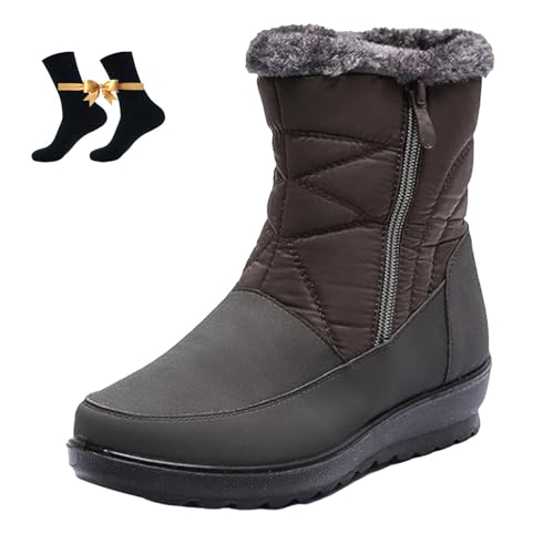 HESYSUAN Damen Warm Pelzfutter Winter Schneestiefel mit seitlichem Reißverschluss Leichte Gemütliche Stiefeletten Outdoor rutschfeste Mid-Calf Winterstiefel, braun, 44 EU von HESYSUAN