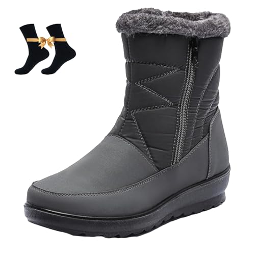 HESYSUAN Damen Warm Pelzfutter Winter Schneestiefel mit seitlichem Reißverschluss Leichte Gemütliche Stiefeletten Outdoor rutschfeste Mid-Calf Winterstiefel, grau, 44 EU von HESYSUAN