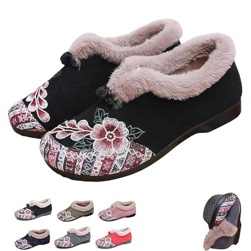 HESYSUAN Damen Weiche Sohle Rutschfeste Warme Baumwolle Stiefel Blumen Bestickt Plüsch Gefüttert Winterstiefel Fuzzy Snow Ankle Booties, Schwarz , 37EU von HESYSUAN