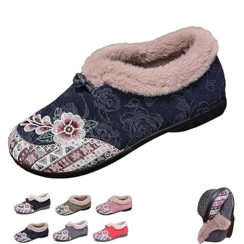 HESYSUAN Damen Weiche Sohle Rutschfeste Warme Baumwolle Stiefel Blumen Bestickt Plüsch Gefüttert Winterstiefel Fuzzy Snow Ankle Booties, blau, 38.5 EU von HESYSUAN