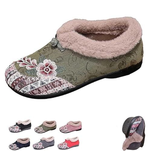 HESYSUAN Damen Weiche Sohle Rutschfeste Warme Baumwolle Stiefel Blumen Bestickt Plüsch Gefüttert Winterstiefel Fuzzy Snow Ankle Booties, grün, 36.5 EU von HESYSUAN