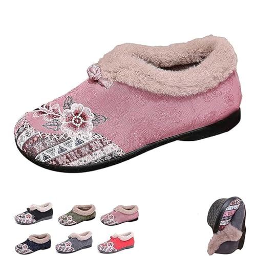 HESYSUAN Damen Weiche Sohle Rutschfeste Warme Baumwolle Stiefel Blumen Bestickt Plüsch Gefüttert Winterstiefel Fuzzy Snow Ankle Booties, rose, 35.5 EU von HESYSUAN