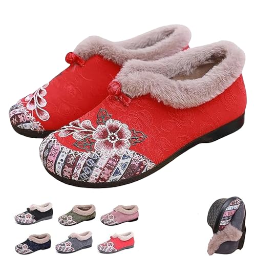 HESYSUAN Damen Weiche Sohle Rutschfeste Warme Baumwolle Stiefel Blumen Bestickt Plüsch Gefüttert Winterstiefel Fuzzy Snow Ankle Booties, rot, 35.5 EU von HESYSUAN