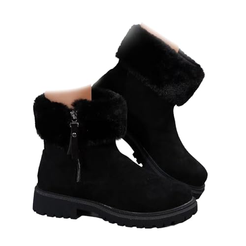 HESYSUAN Damen Wildleder Kunstpelz Stiefel mit seitlichem Reißverschluss Winter Fleece Gefüttert Chunky Plateau Stiefel mit Besatz Warm Rutschfest Runde Zehen Schneestiefel, Schwarz , 44 EU von HESYSUAN
