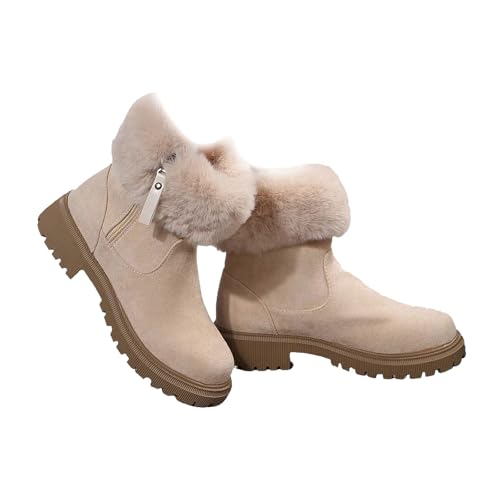 HESYSUAN Damen Wildleder Kunstpelz Stiefel mit seitlichem Reißverschluss Winter Fleece Gefüttert Chunky Plateau Stiefel mit Besatz Warm Rutschfest Runde Zehen Schneestiefel, beige, 44 EU von HESYSUAN