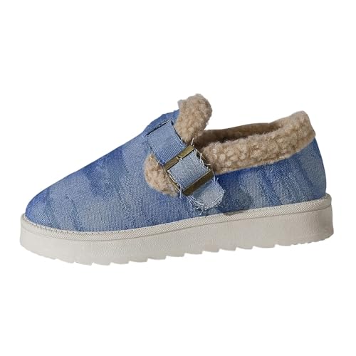 HESYSUAN Damen Winter Plüsch Gefüttert Flache Schuhe Denim Warm Sherpa Gefüttert Sneakers Runde Zehe Plateau Slip on Stiefeletten, blau, 44 EU von HESYSUAN