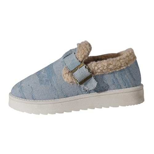 HESYSUAN Damen Winter Plüsch Gefüttert Flache Schuhe Denim Warm Sherpa Gefüttert Sneakers Runde Zehe Plateau Slip on Stiefeletten, hellblau, 44 EU von HESYSUAN