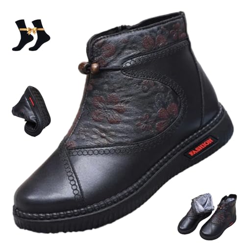 HESYSUAN Damen Winter Warm Kunstpelzfutter Schneestiefel rutschfeste Leder Stiefeletten Bequeme Plateau Kurze Stiefel mit seitlichem Reißverschluss, Schwarz , 44 EU von HESYSUAN