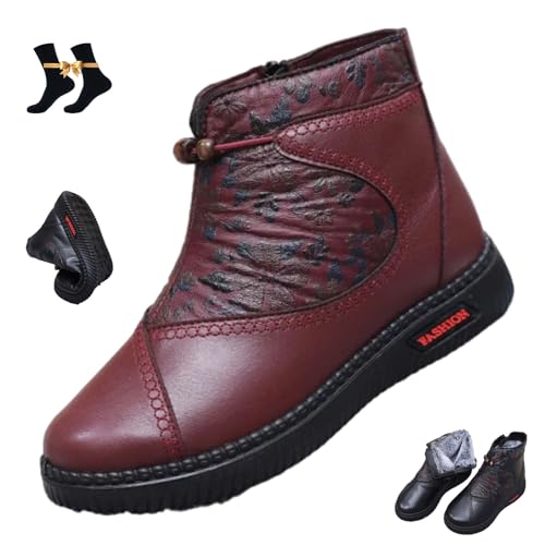HESYSUAN Damen Winter Warm Kunstpelzfutter Schneestiefel rutschfeste Leder Stiefeletten Bequeme Plateau Kurze Stiefel mit seitlichem Reißverschluss, rot, 44 EU von HESYSUAN
