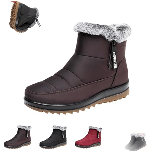 HESYSUAN Damen Winter Wasserdicht Rutschfest Fleece Schneestiefel Warm Fell Gefüttert Stiefeletten Outdoor Mid Calf Boots mit Reißverschluss, braun, 38.5 EU von HESYSUAN