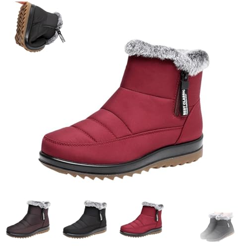 HESYSUAN Damen Winter Wasserdicht Rutschfest Fleece Schneestiefel Warm Fell Gefüttert Stiefeletten Outdoor Mid Calf Boots mit Reißverschluss, rot, 38.5 EU von HESYSUAN