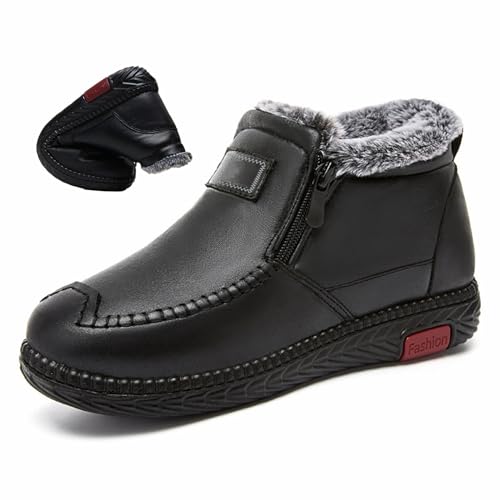 HESYSUAN Damen wasserdichte rutschfeste Baumwolle Leder Stiefel Winter Fleece Verdickte Warme Schneestiefel Leichte Outdoor Ankle Booties, Schwarz , 37. von HESYSUAN