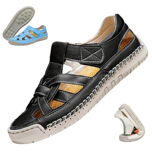 HESYSUAN Fischer-Sandalen für Damen, breite Breite, Leder, Gladiator-Sandalen, geflochtene, weiche Sohle, rutschfest, geschlossene Zehen, hohl, Strand-Wanderschuhe, Schwarz , 44 EU HESYSUAN Fischer-Sandalen für Damen, breite Breite, Leder, Gladiator-Sandalen, geflochtene, weiche Sohle, rutschfest, geschlossene Zehen, hohl, Strand-Wanderschuhe, Schwarz , 44 EU von HESYSUAN