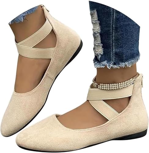 HESYSUAN Flache Ballerina-Schuhe für Damen, überkreuzte Riemen, Ballerinas, Knöchel, elastisch, bequeme runde Zehenpartie, Schlupfschuhe von HESYSUAN
