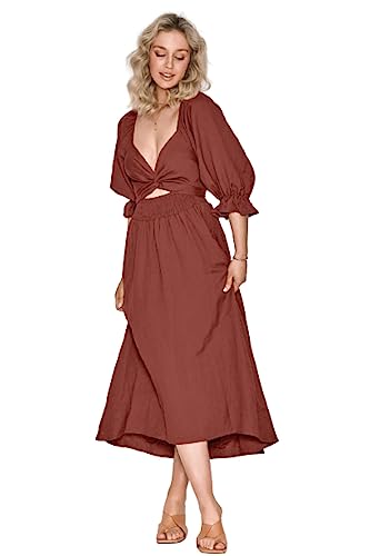 HESYSUAN Französisches, gerüschtes Laternenärmel-Multi-Wear-Kleid, Damen-Sommer-Wendekleid, Maxi-Elegantes Kleid (Red,S) von HESYSUAN