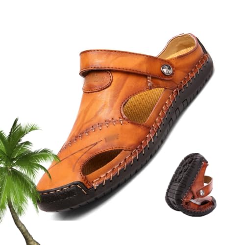 HESYSUAN Große Größe, weiches Leder, atmungsaktive Outdoor-Sandalen, Leder-Strandschuhe, Herren-Nähen, Echtleder-Sandalen, Gelb-Braun, 42 EU von HESYSUAN