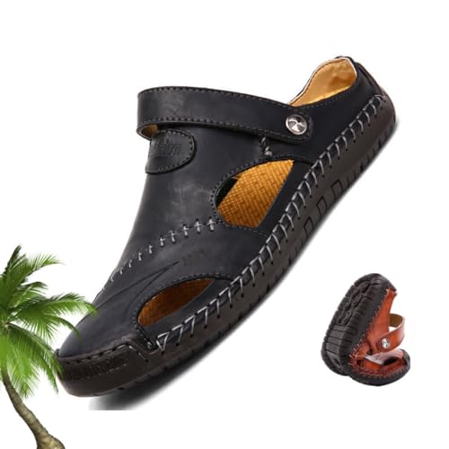 HESYSUAN Große Größe, weiches Leder, atmungsaktive Outdoor-Sandalen, Leder-Strandschuhe, Herren-Nähen, Echtleder-Sandalen, Schwarz , 42 EU von HESYSUAN